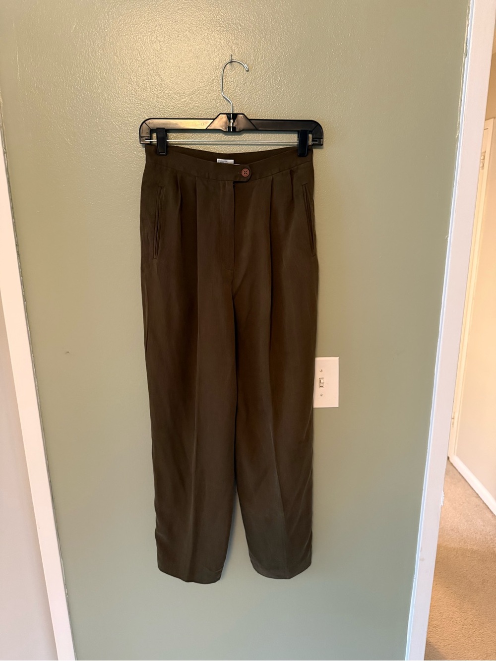 100% Silk Olive Green Pleated Dress Pants